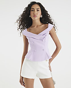 Purple Sleeveless Double Breasted Bardot Top