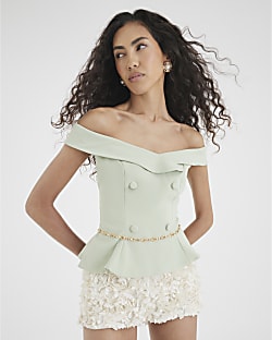 Green Sleeveless Double Breasted Bardot Top