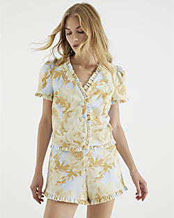 Blue Floral Frill Tailored Short Sleeve Top