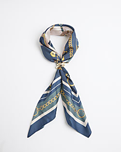 Blue Satin Chain Print Scarf With Ring