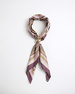 Pink Satin Chain Print Scarf With Ring