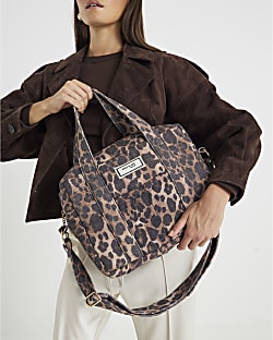 Brown Canvas Leopard Print Holdall Bag