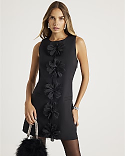 Black 3D Flower Mini Shift Dress