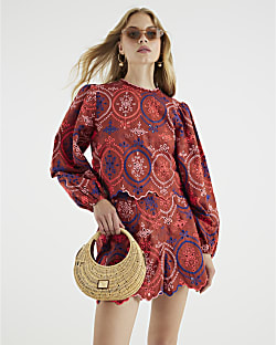 Red Long Sleeve Cutwork Detail Blouse