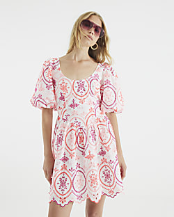 White Short Puff Sleeve Cutwork Mini Dress