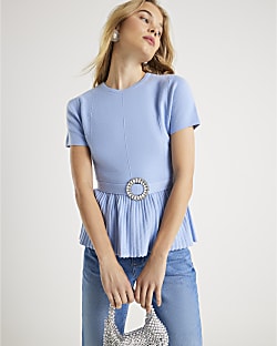Blue Short Sleeve Belted Pleat Top