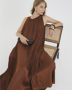 Brown Pleated Maxi Dress