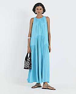 Blue Pleated Maxi Dress