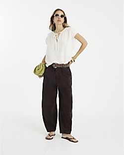 Beige Linen Blend Short Sleeve Tie Front Top