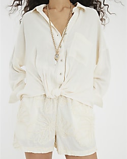 Beige Linen Blend Knot Front Shirt