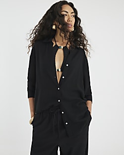 Black Linen Blend Belted Longline Shirt