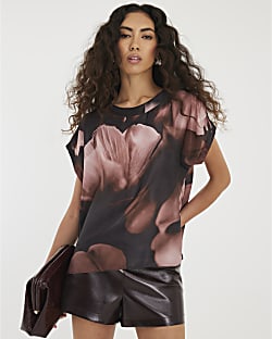 Pink Satin Floral Abstract Print T-Shirt