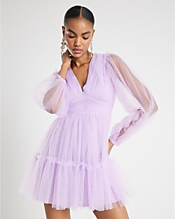 Purple Sheer Long Sleeve Tulle Mini Dress