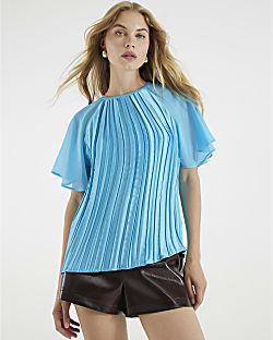 Blue Short Sleeve Pleated Hybrid T-shirt