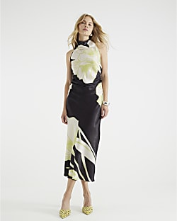 Black Satin Floral Cowl Neck Slip Maxi Dress