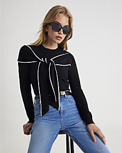 Black Knit Long Sleeve Tipped Bow Jumper