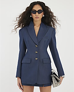 Blue Denim Cinch Waist Blazer