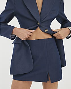 Blue Denim Front Slit Mini Skort