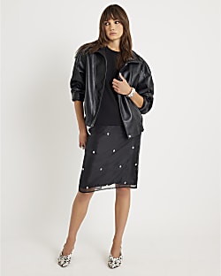 Black Organza Embellished Midi Skirt