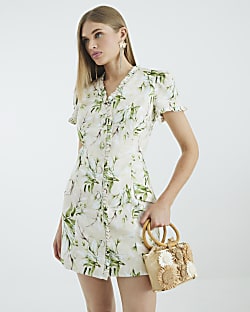 Cream Linen Blend Floral Ruffle Mini Dress