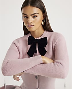 Pink Knitted Bow Front Cardigan