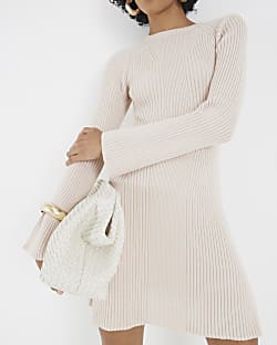 Cream Knitted Long Sleeve Mini Dress