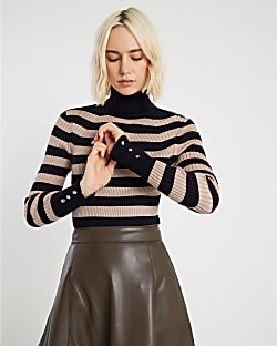 Brown Knitted Stripe Ribbed Roll Neck Top