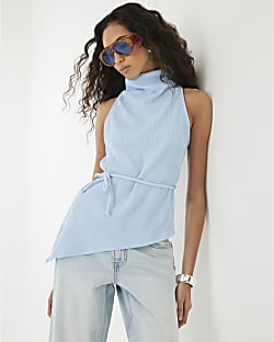 Blue Textured Tie Waist Top