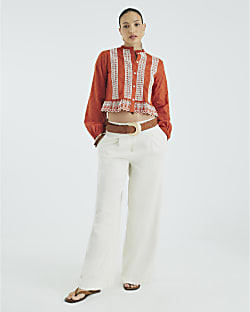 Orange Long Sleeve Broderie Blouse