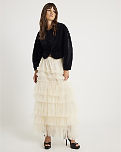 Cream Tulle Mesh maxi Skirt