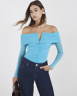 Blue Mesh Notch Bardot Bodysuit