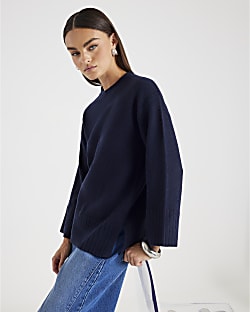 Navy Knitted Longline Crew Neck Jumper
