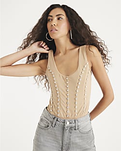 Beige Scoop neck Studded Bodysuit