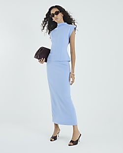 Blue High Neck Short Sleeve Top