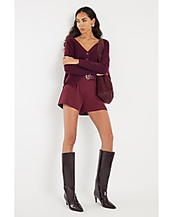 Red Structured Belted Shorts