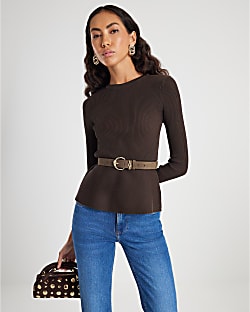 Brown Knitted Belted Peplum Top