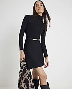 Black Knitted Belted Mini Dress