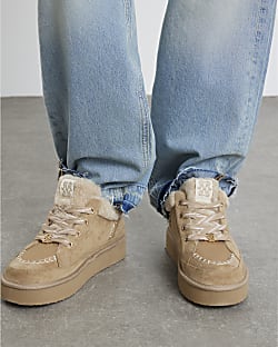 Beige Faux Fur Lined Lace Up Boots
