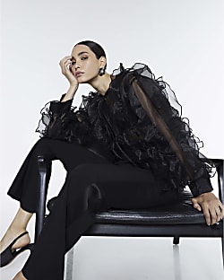 Black Sheer Ruffle Long Sleeve Top