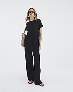 Black Short Sleeve Textured Tie Waist T-Shirt