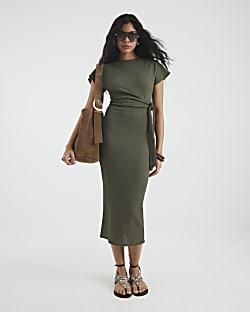 Khaki Short Sleeve Textured Midi Dress