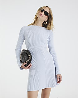 Blue Long Sleeve Knitted Mini Dress