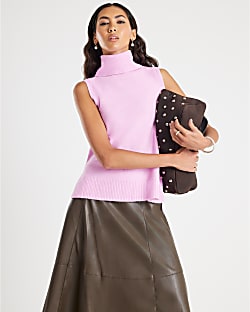Pink Knitted Roll Neck Tank Top
