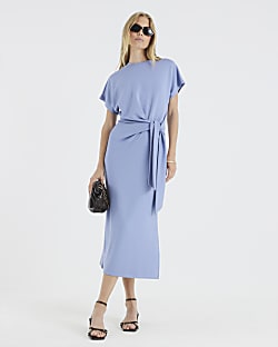 Blue Premium Short Sleeve Knot Midi Dress