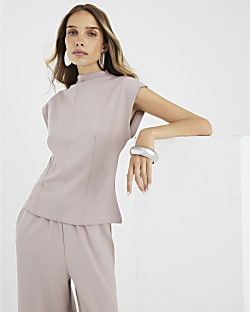 Beige High Neck Short Sleeve Top