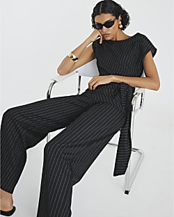 Black Drawstring Pinstripe Trousers