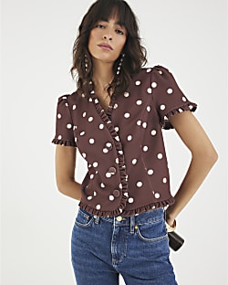 Brown Polka Dot Frill Trim Tailored Top