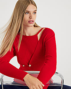 Red Knitted Long Sleeve Asymmetric Top