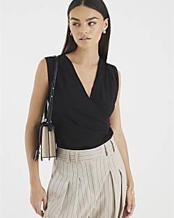 Black Sleeveless Cowl Neck Drape Tank Top