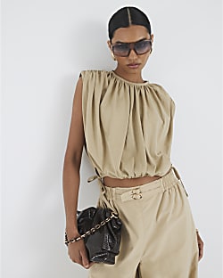 Beige Bubble Hem Ruched T-shirt